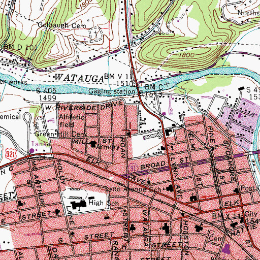 Topographic Map of Roan Street Freewill Baptist Church, TN