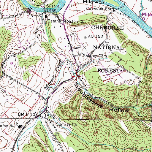 Topographic Map of Troublesome Hollow, TN