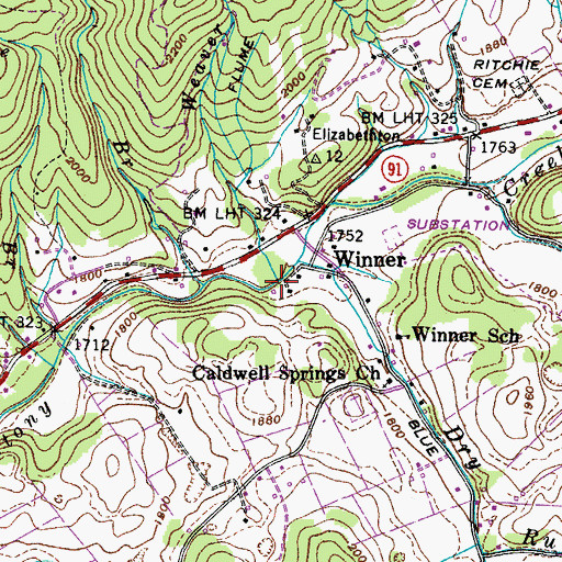 Topographic Map of Weaver Branch, TN