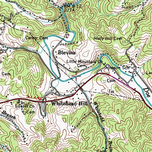 Topographic Map of Whitehead Branch, TN