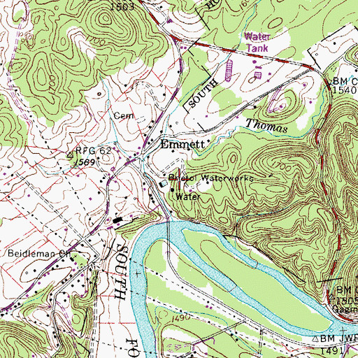 Topographic Map of Bristol Waterworks, TN