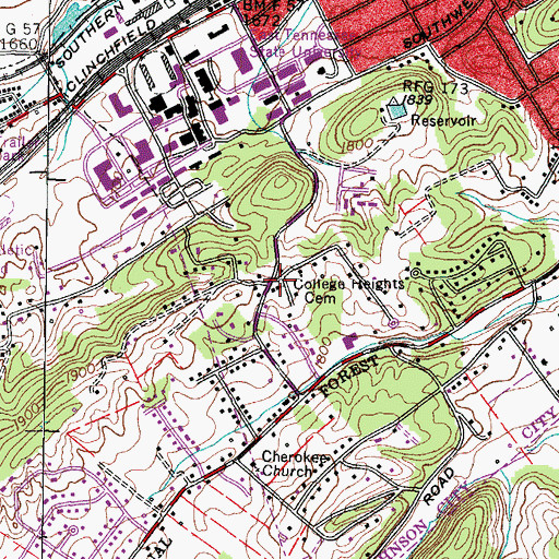 Topographic Map of College Heights Cemetery, TN