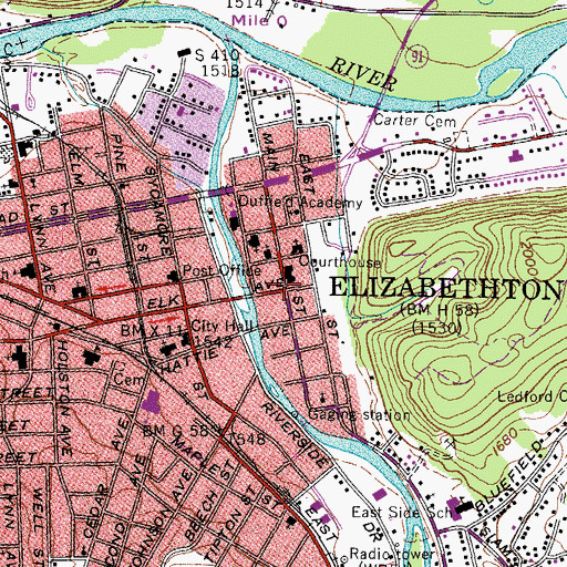 Topographic Map of Elizabethton, TN
