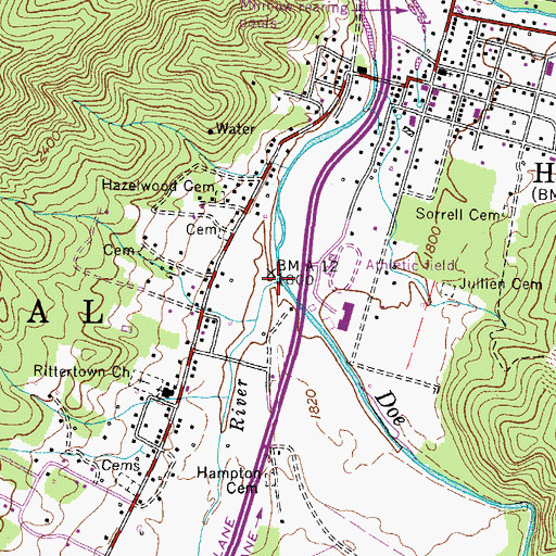 Topographic Map of Little Doe River, TN