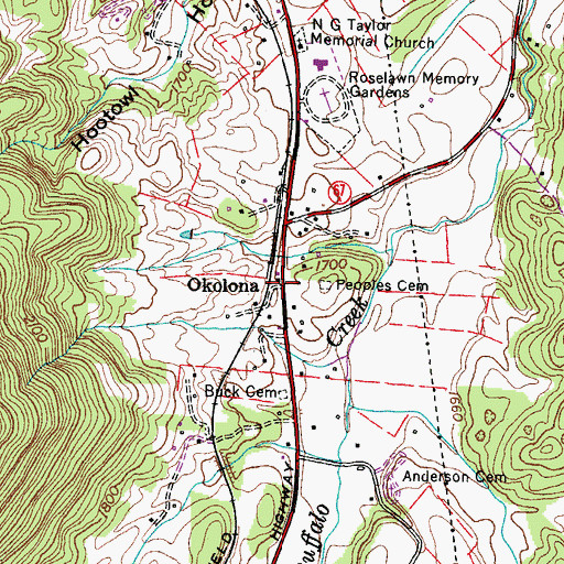 Topographic Map of Okolona, TN