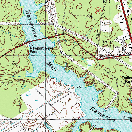 Topographic Map of Harwoods Mill Reservoir, VA