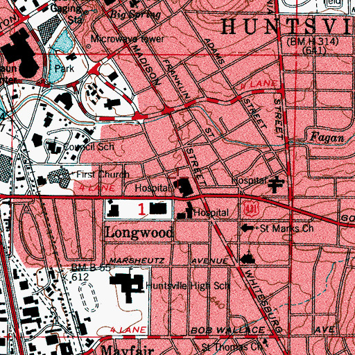 Topographic Map of Huntsville Hospital, AL