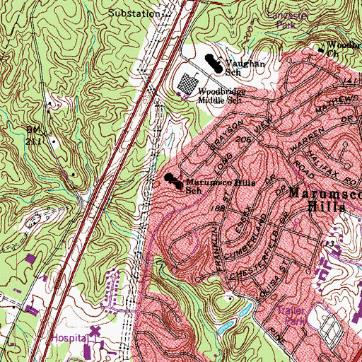 Topographic Map of Marumsco Hills Elementary School, VA