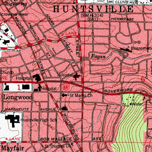 Topographic Map of Huntsville Hospital for Women and Children, AL