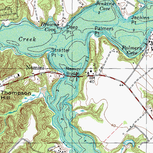 Topographic Map of Nomini Bridge, VA