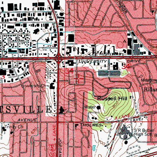 Topographic Map of Russell Hill, AL