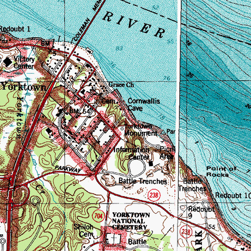 Topographic Map of Yorktown Monument, VA