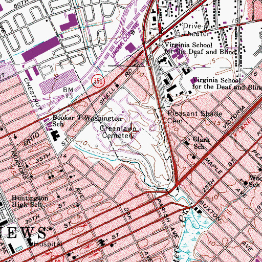 Topographic Map of Greenlawn Cemetery, VA