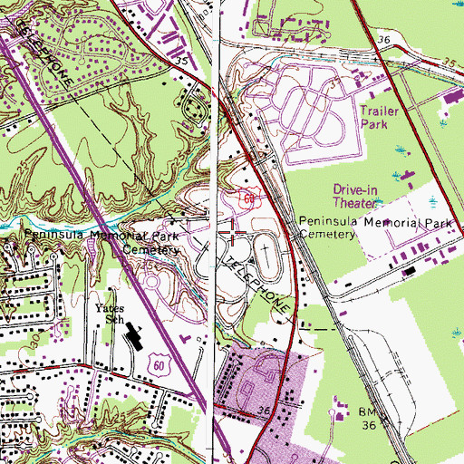 Topographic Map of Peninsula Memorial Park Cemetery, VA