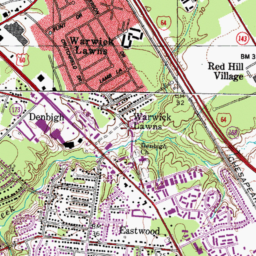 Topographic Map of Warwick Lawns, VA