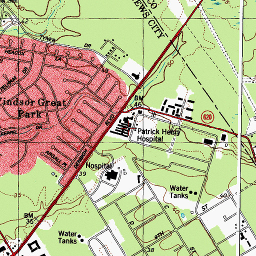 Topographic Map of Patrick Henry Hospital, VA
