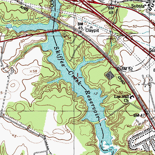 Topographic Map of Skiffs Creek Reservoir, VA