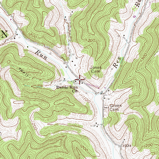 Topographic Map of Dents Run Church, WV