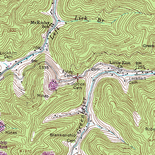 Topographic Map of Justice Cemetery, WV