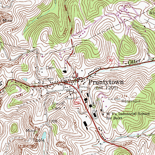 Topographic Map of Pruntytown, WV