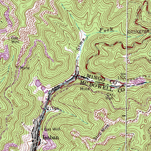 Topographic Map of Sims Fork, WV