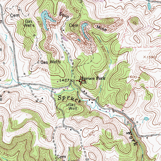 Topographic Map of Spruce Fork Church, WV