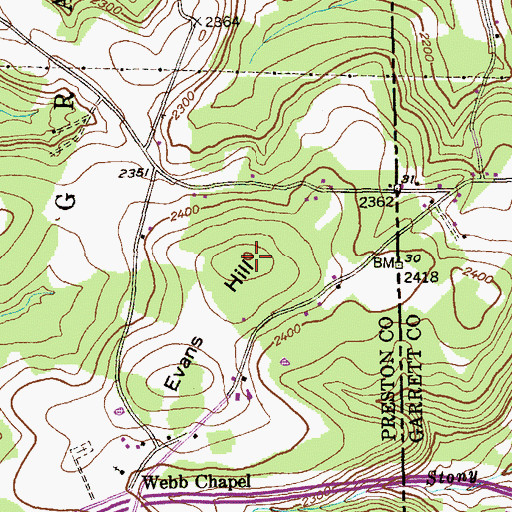 Topographic Map of Evans Hill, WV