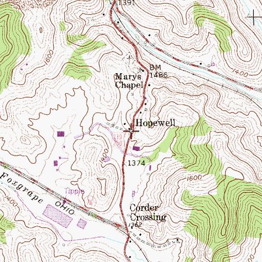 Topographic Map of Hopewell, WV
