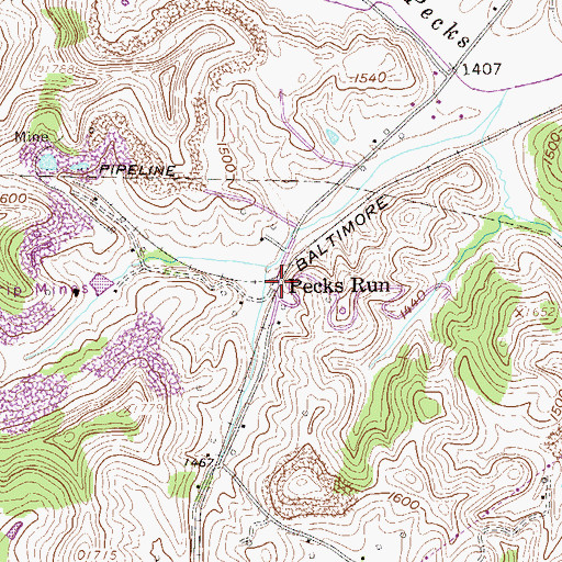 Topographic Map of Pecks Run, WV