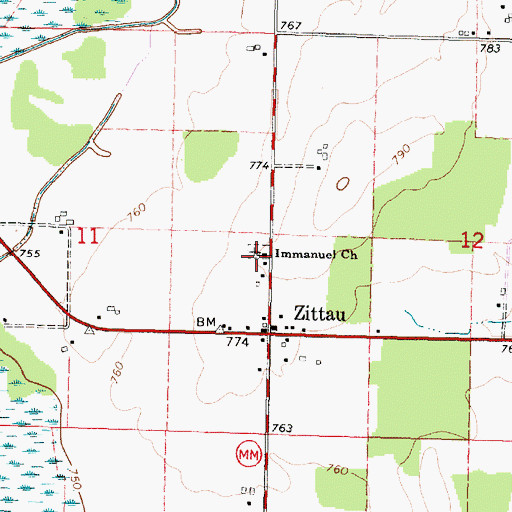 Topographic Map of Immanuel Church, WI