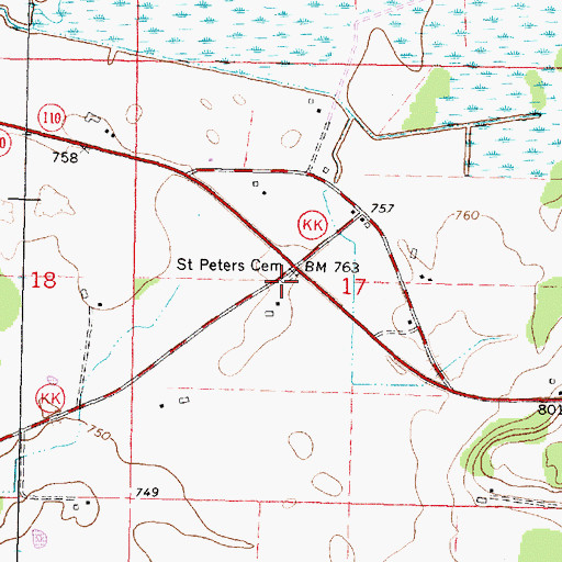 Topographic Map of Saint Peters Cemetery, WI