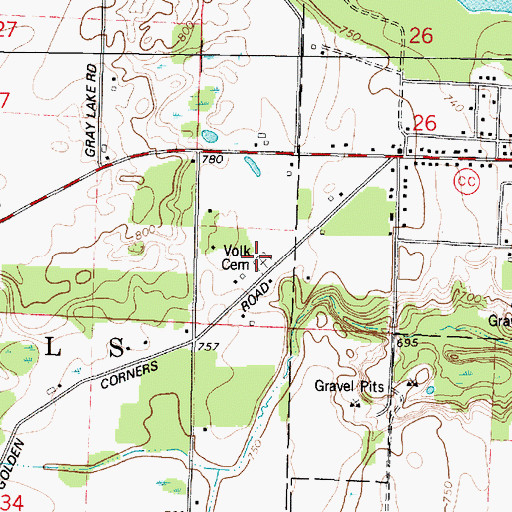 Topographic Map of Volk Cemetery, WI
