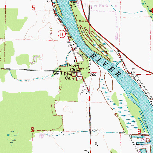 Topographic Map of Wolf River Cemetery, WI
