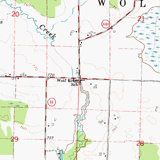 Topographic Map of Wolf River School, WI