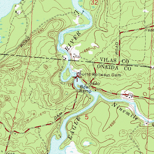 Topographic Map of Burnt Rollways Dam, WI