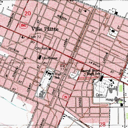 Topographic Map of Ville Platte Post Office, LA
