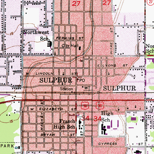 Topographic Map of Sulphur Post Office, LA