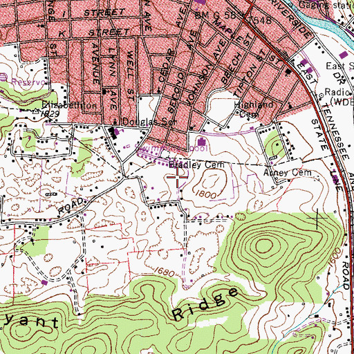 Topographic Map of WBEJ-AM (Elizabethton), TN