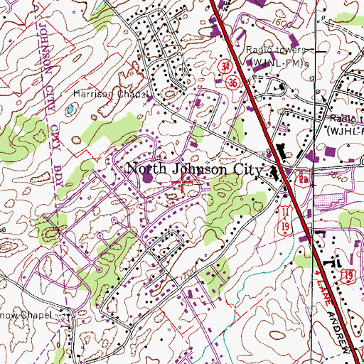 Topographic Map of Towne Acres, TN