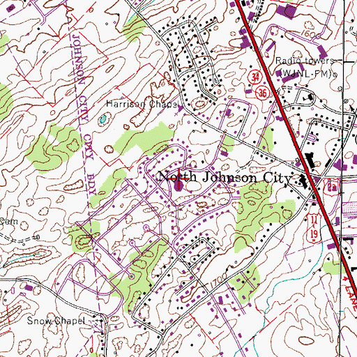 Topographic Map of Towne Acres Elementary School, TN