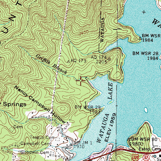 Topographic Map of Watauga Lake Shelter, TN