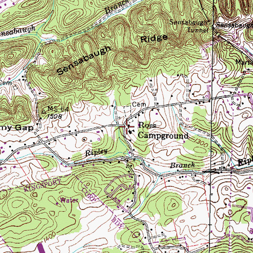 Topographic Map of Ross Camp Ground United Methodist Church, TN