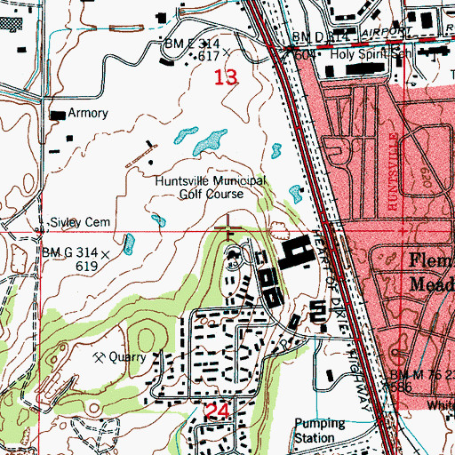 Topographic Map of Huntsville Municipal Golf Course, AL
