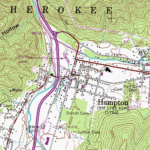 Topographic Map of Hampton First Baptist Church, TN