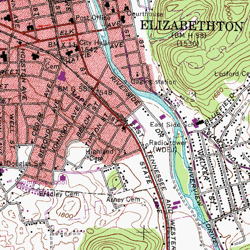 Topographic Map of Oak Street Baptist Church, TN