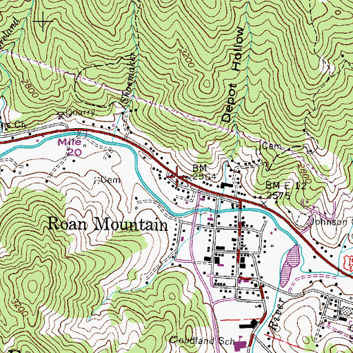 Topographic Map of Roan Mountain Post Office, TN