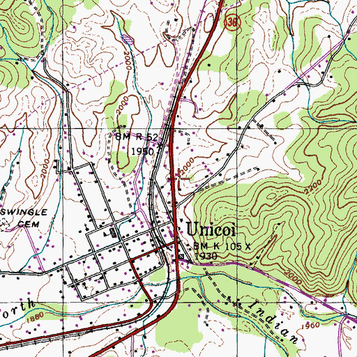 Topographic Map of Unicoi Post Office, TN