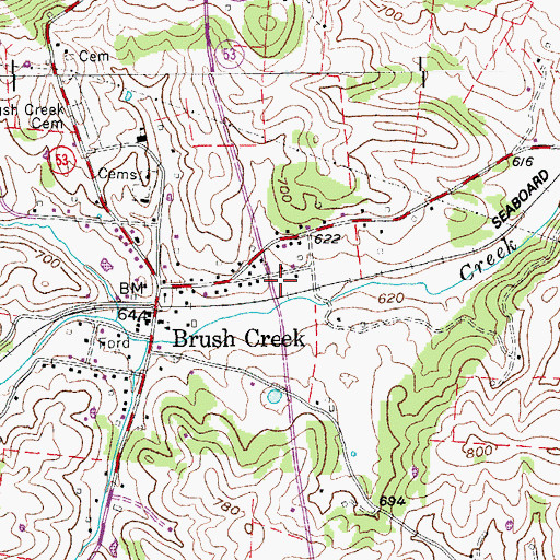Topographic Map of Brush Creek Post Office, TN