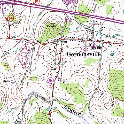 Topographic Map of Gordonsville Post Office, TN
