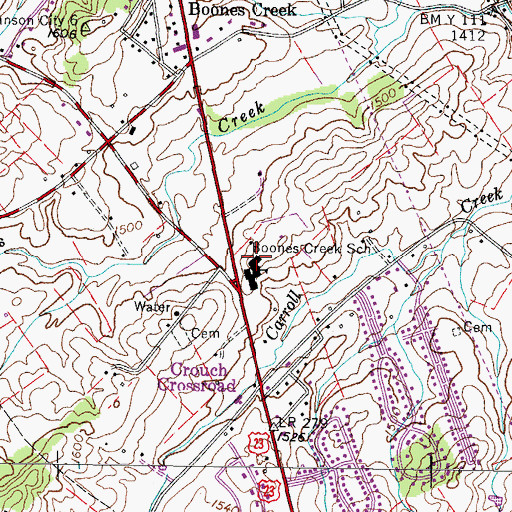 Topographic Map of Boones Creek Middle School, TN